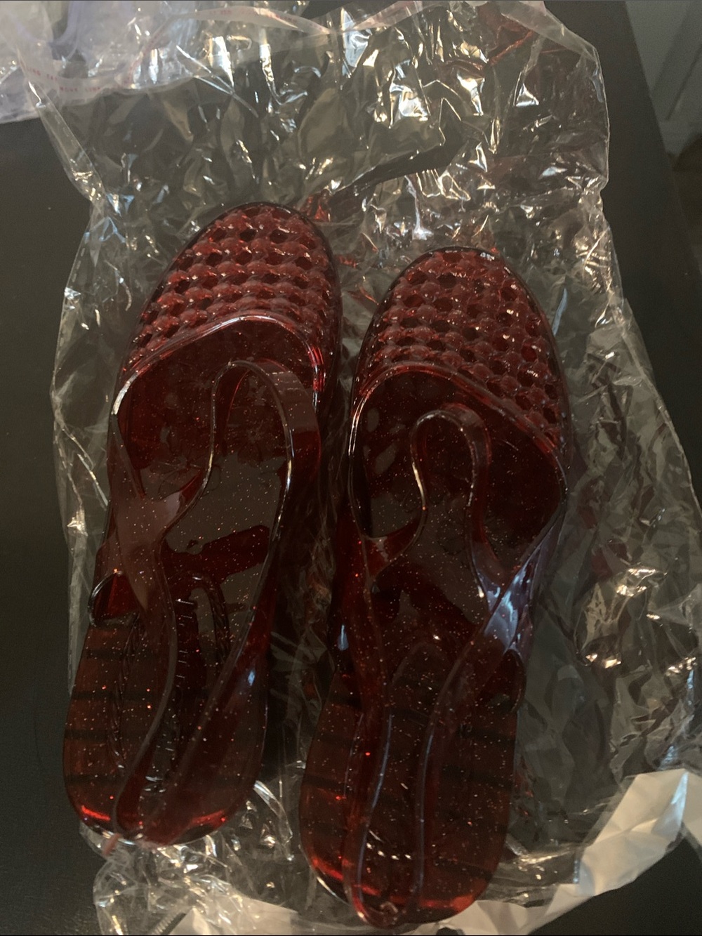 Women’s Red Jelly Slide Sandals - Classic Transparent Design. Size says 36